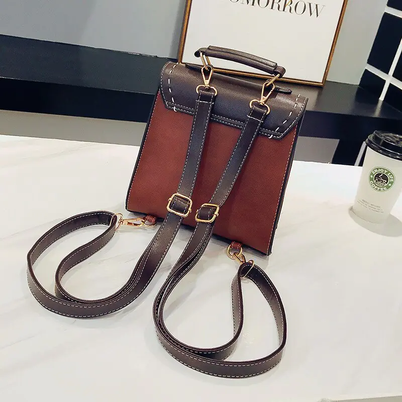 Vintage Paneled PU Leather Women Backpack - Image 4